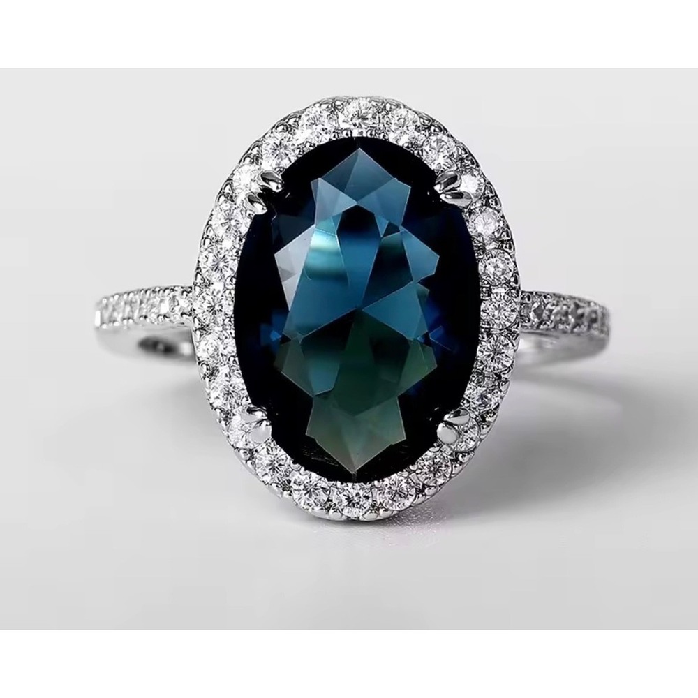 London Blue Topaz Oval Halo Ring Sterling Silver White Sapphire Accents Size 7